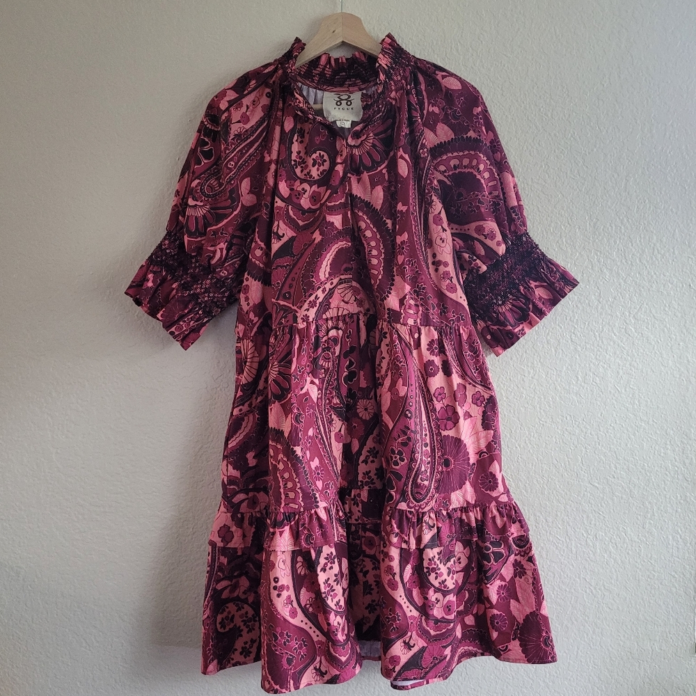 Figue- Halima Hot Pink Paisley Cotton Mini Dress